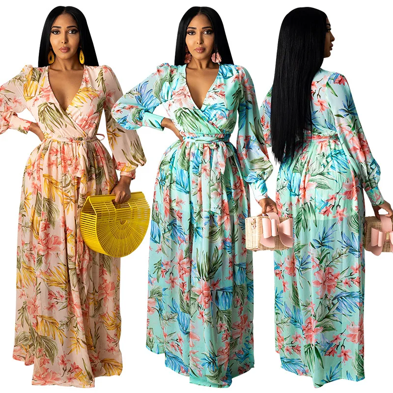 

Print Floral Elegant Women Dress Long Sleeve V Neck Autumn Spring Female Clothing Maxi Dresses Green Orange Flower Color