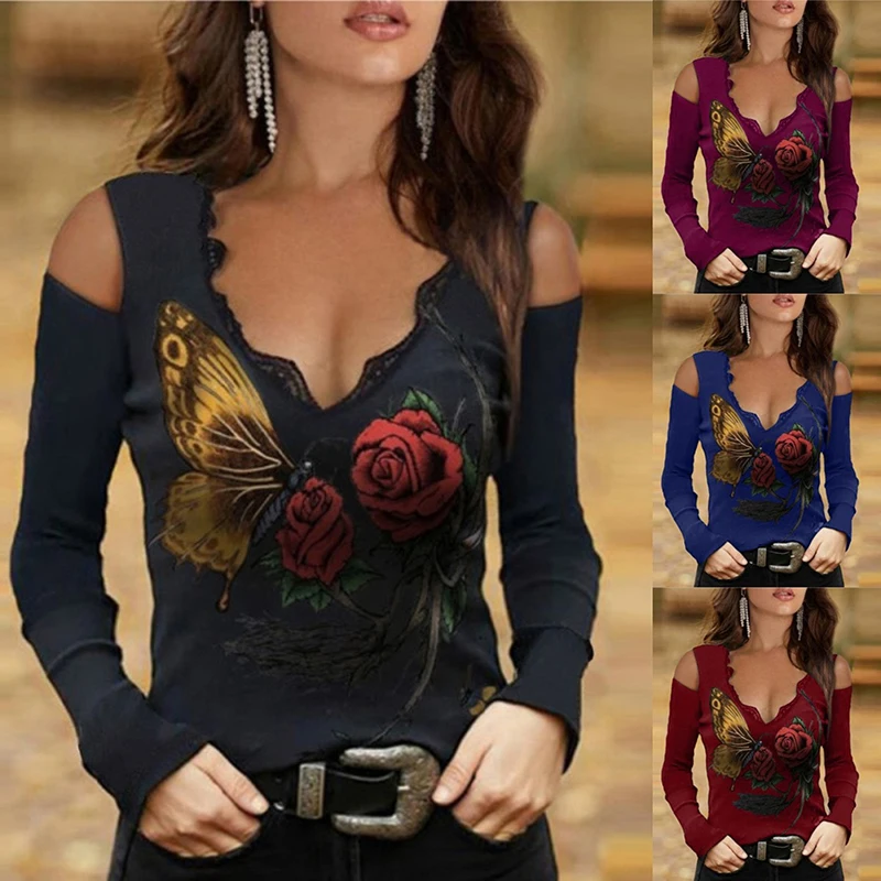 

2022 Women New Off-Shoulder Color Matching Rose Print Women's Long-Sleeved T-Shirt Fashion Casual Loose Clothing