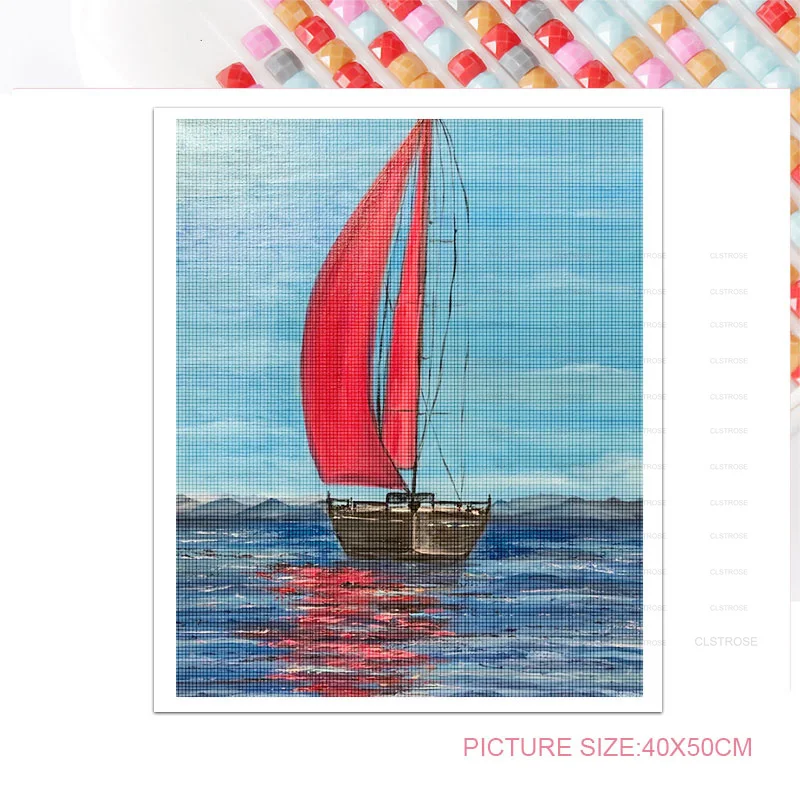 

Diamond Painting Diy 5D Modern Style Acrylic Hand-Painted Illustration Harbor Ocean Sailing and Sunset Scenery Pattern Deco