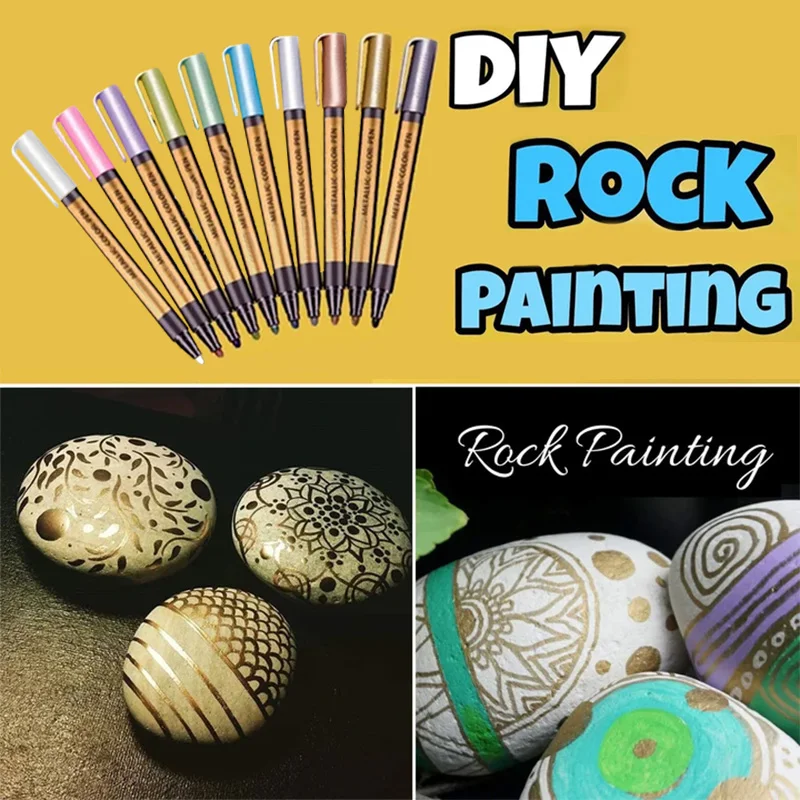 

10pcs Metallic Paint Marker Pens for Rock Painting Ceramic Glass Wood Fabric Scrapbook Journals Photo Albums Card NC99