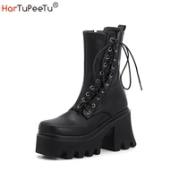 chunky platform martin boots for women winter fashion block heel combat goth ankle booties lace up zipper punk style black shoes