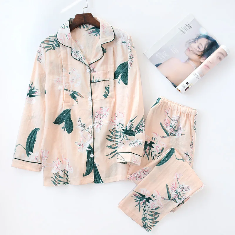 

Kimono Japanese Spring Cotton Gauze Month Clothes Pajamas Set Causal Thin Section Breastfeeding Clothes Women Trousers Homewear