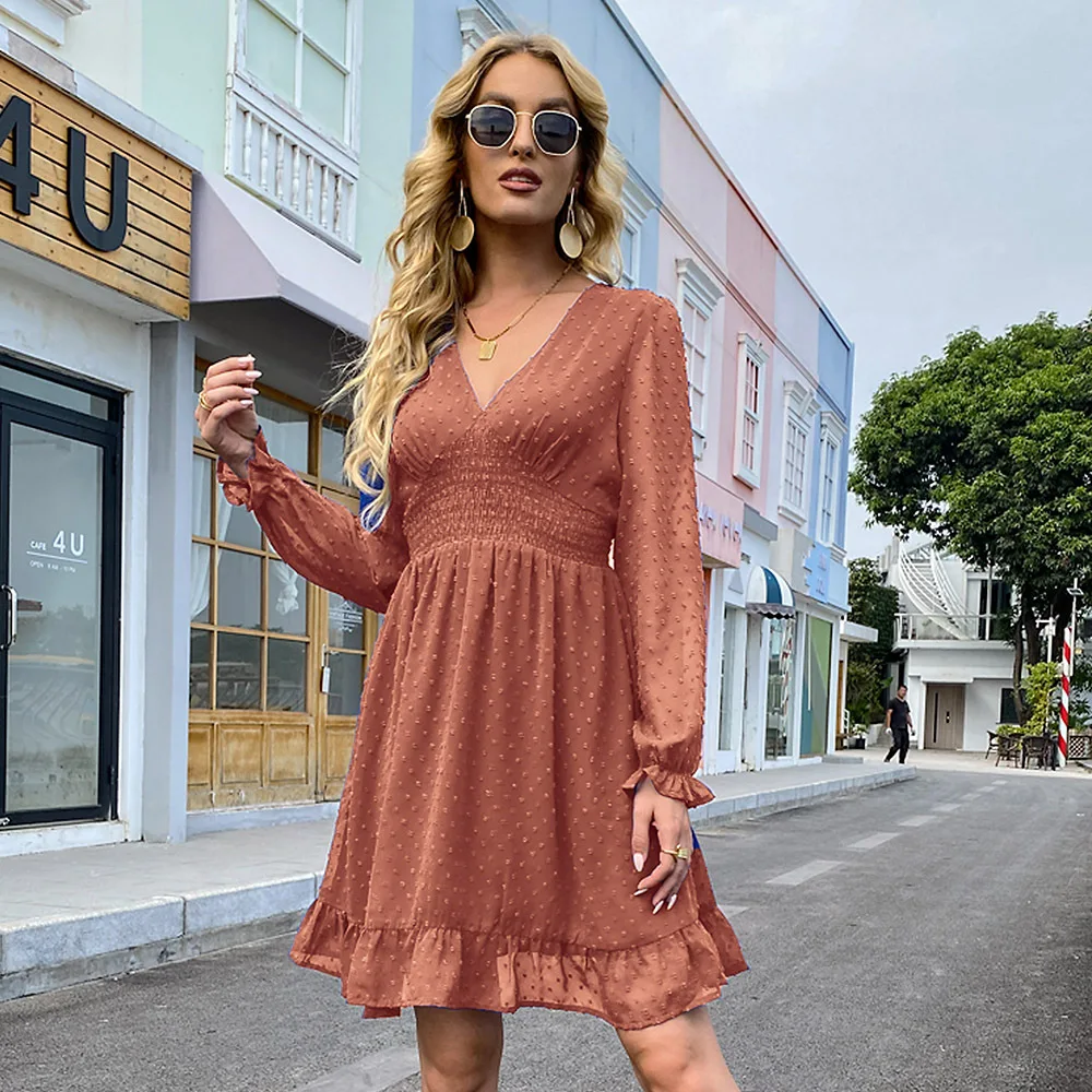

Women's Chiffon Puff Sleeve Ruffle Mini Dress Spring Casual Polka Dot Dresses Party Elegant Sexy V Neck Sundress Femme Vestidos