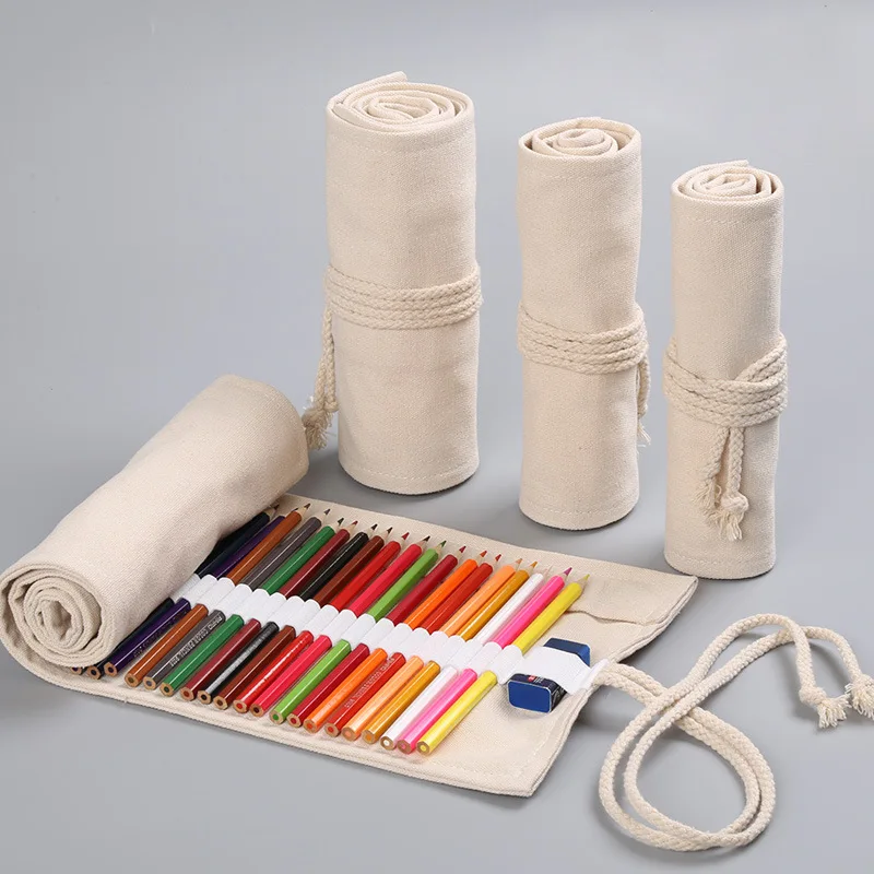Natural Canvas Pencil Case Roll Up Pen Holder Case for Colored Pencils Multi-purpose Pouch Art Organizer for Artist Pencil Wrap