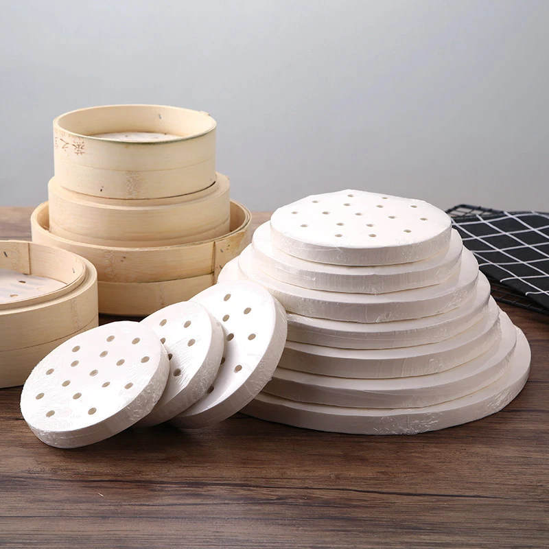 

New 50Pcs Air Fryer Steamer Liners Steaming Basket Mat Premium Perforated Wood Pulp Papers Non-Stick Baking Cooking Accessories