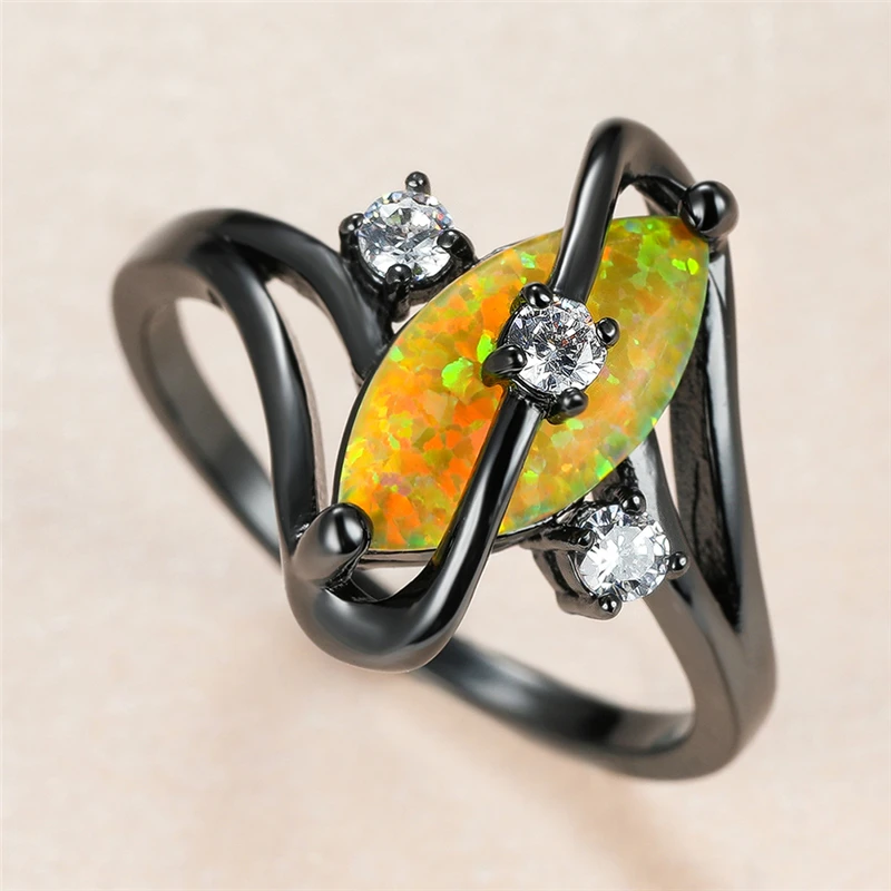 

Cute Female Leaf Opal Stone Ring Charm 14KT Black Gold Wedding Rings For Women Promise White Round Zircon Engagement Ring