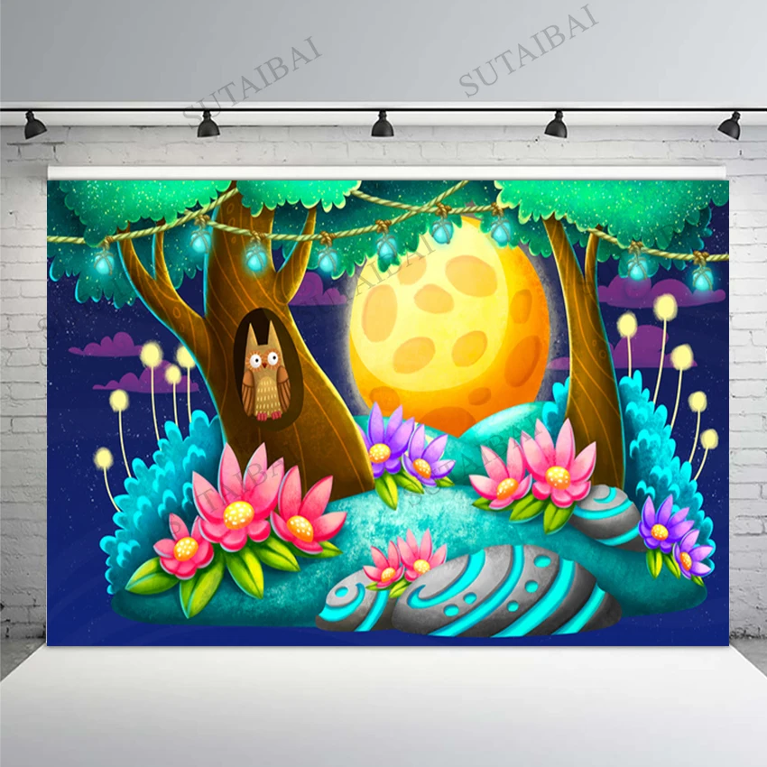 

Photography Background Fairy Tale Cute Owl Flowers Moon Lighting Baby Happy Birthday Backdrops Photo Studio Photocall Props