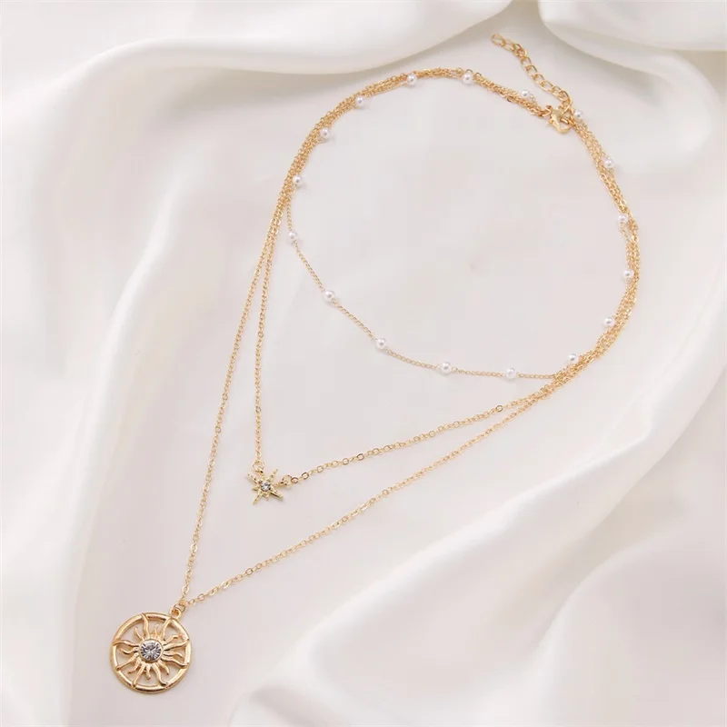 

Boho Necklace Multi Layers Imitation Pearl Star Pendant for Woman Sun Flower Pendant Necklace Fashion Jewelry