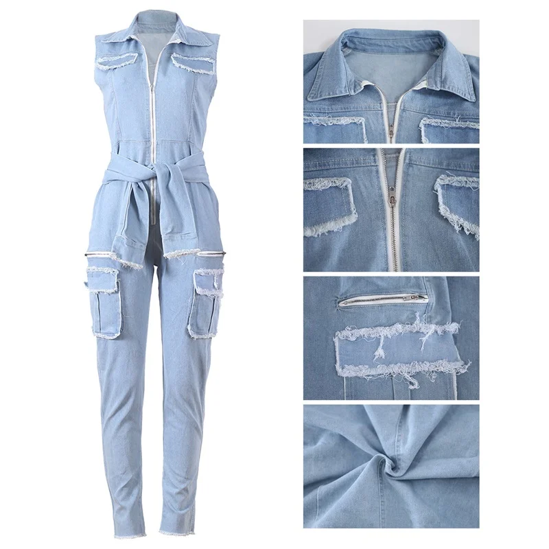 

Sleeveless Ripped Jeans Jumpsuit Pocket Denim Bib Overall Vintage Romper Zipper Up Retro One Piece Jumpsuits