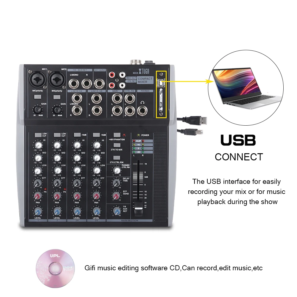 XTUGA 8 каналов 3 полосный EQ аудио микшер микшерная консоль с USB XLR линейный вход 48 В