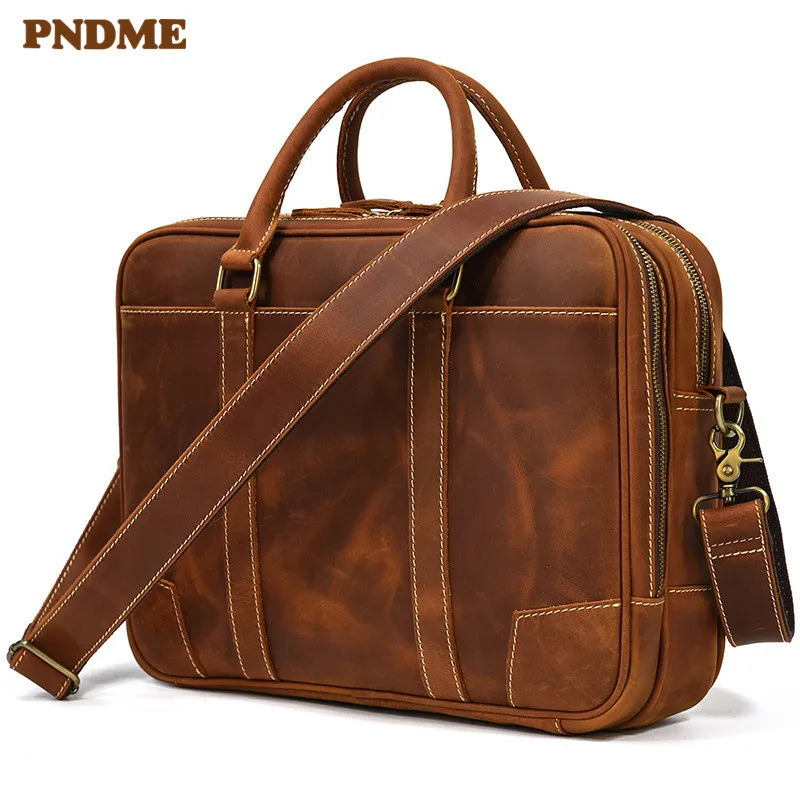 Vintage natural crazy horse cowhide men briefcase double compartment 2 zipper laptop handbag work genuine leather messenger bag