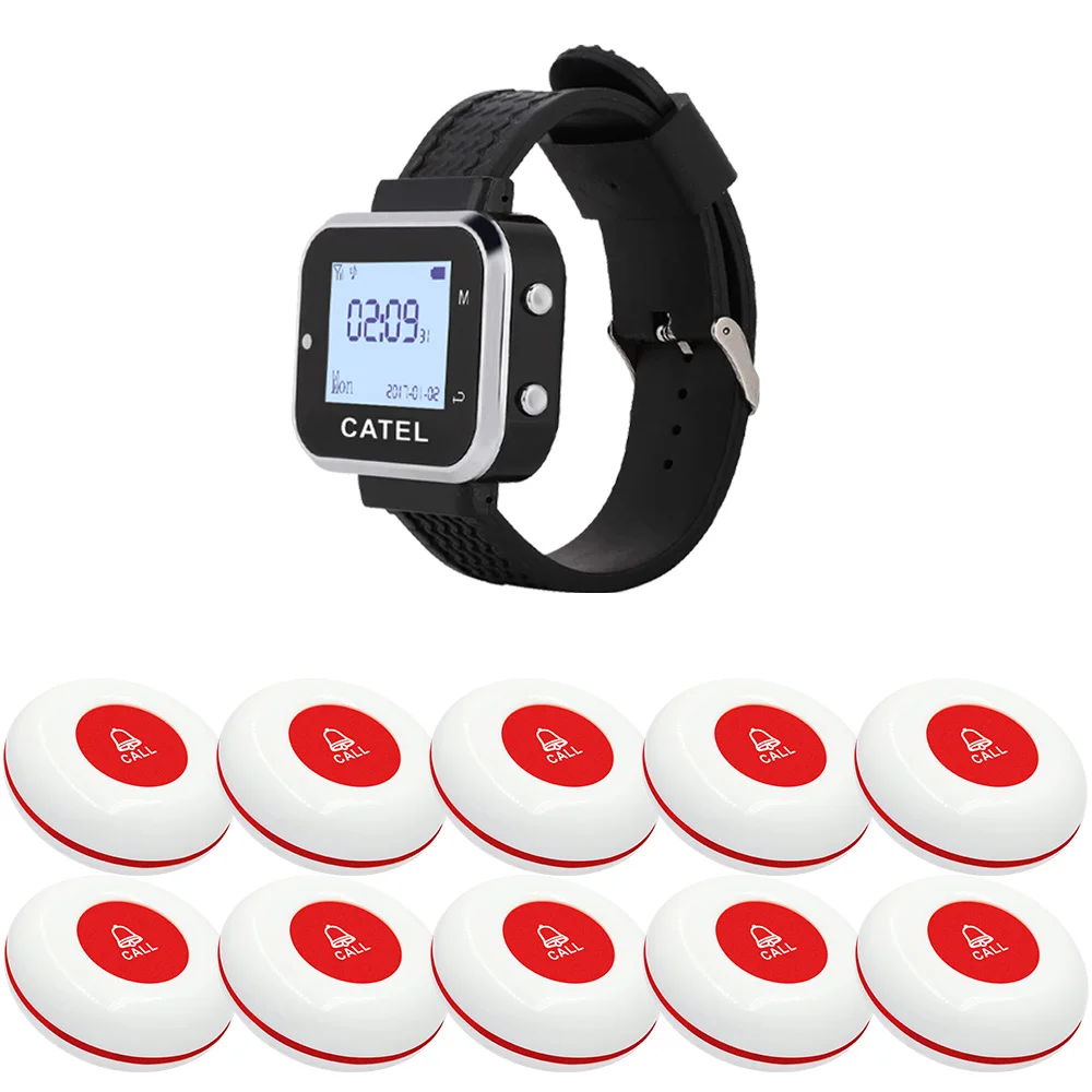 CATEL Waterproof Wireless Calling System 10 Call Button Transmitter 1 Watch Paging Pager Restaurant Waiter Service Bell Buzzer