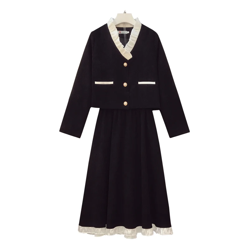 

large size women's clothing western style vintage fashion two-piece clothing set black knitted coat pleated skirts outfit