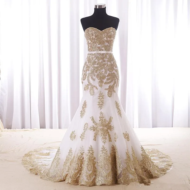 Sexy Mermaid White And Gold Wedding Dress Chic Real Photos Sweetheart Chapel Train Applique Lace Bridal Dress For Women Girls
