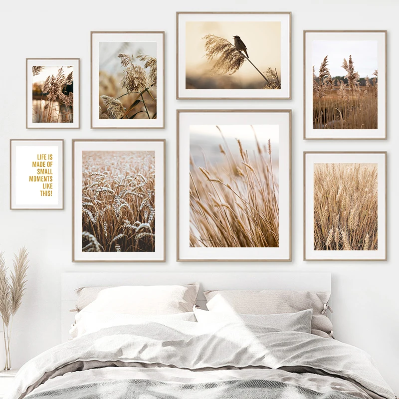 

Scandinavian Nature Landscape Poster Nordic Dried Flower Wheat Reed Field Plant Print Canvas Wall Painting Photography Picture