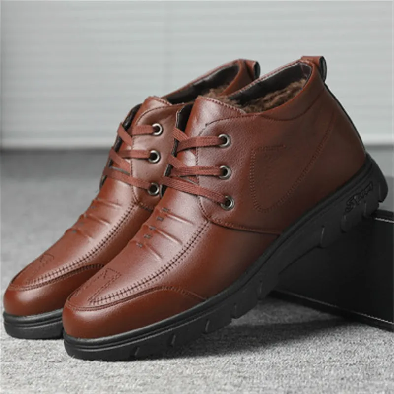 Ботинки мужские однотонные кожаные теплые водонепроницаемые ботильоны с