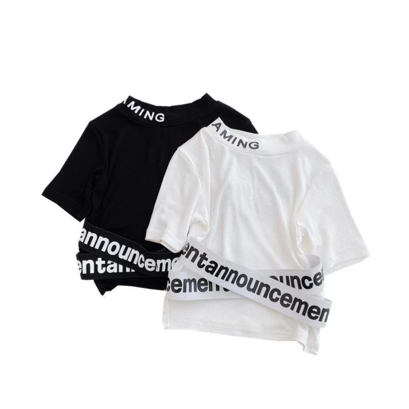 

Ykids, топ для девочек в европейском и американском стиле, Новинка лета 2021, модная эластичная футболка с короткими рукавами и надписью, женская