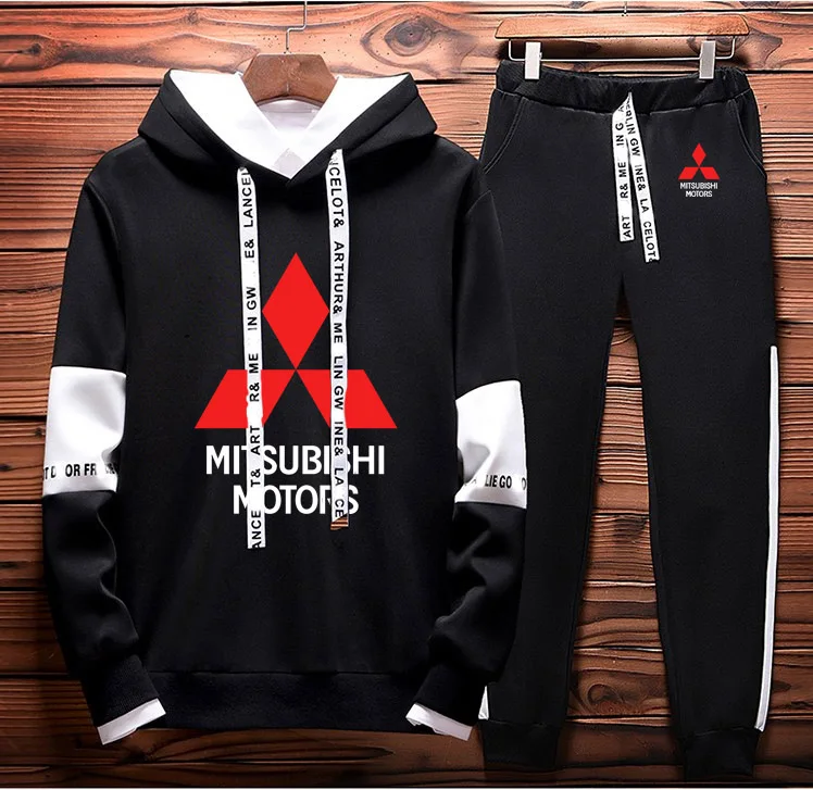 

Mens Hoodies sweatshirt Mitsubishi Car Logo Printed Spring Autumn Hoodies+Pants 2Pcs Sporting suit Fleece Warm Thick sportwear