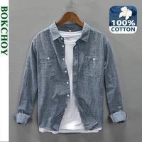 autumn new work style mens casual cotton long sleeve shirt single breasted multi pocket retro denim blue workwear gml04 c321