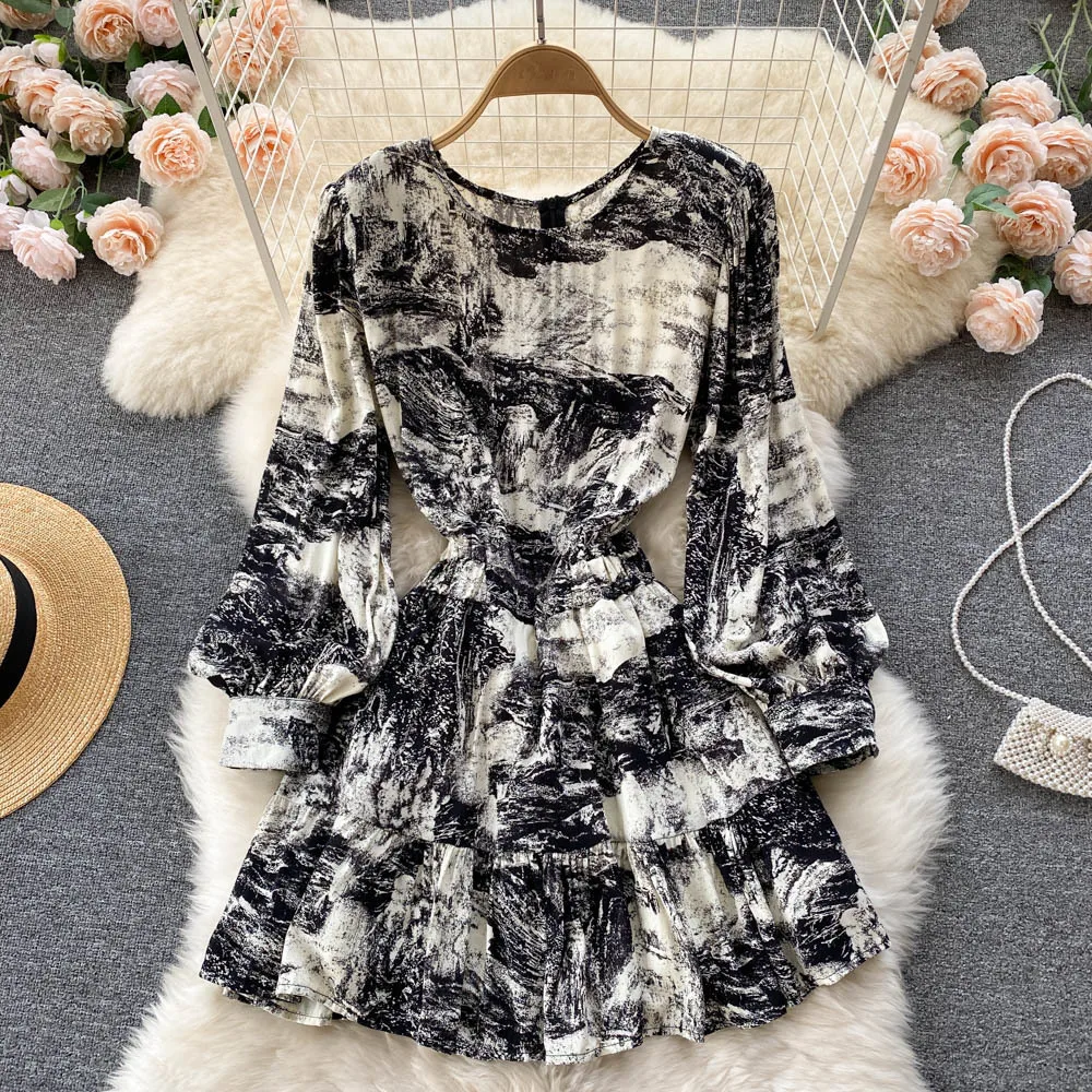 

New Spring Autumn Ink Printing Mini Dress Women Korean Fashion O-neck Long Sleeve Elastic Waist A-line Female Dress Robe Femme