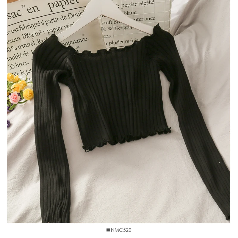 

Women Fashion Slim Bodycon Knitted Ruffle Long Sleeves Blouse Lady Sweet Casual Outdoor Top Girls Elegant Daily Basic Shirt