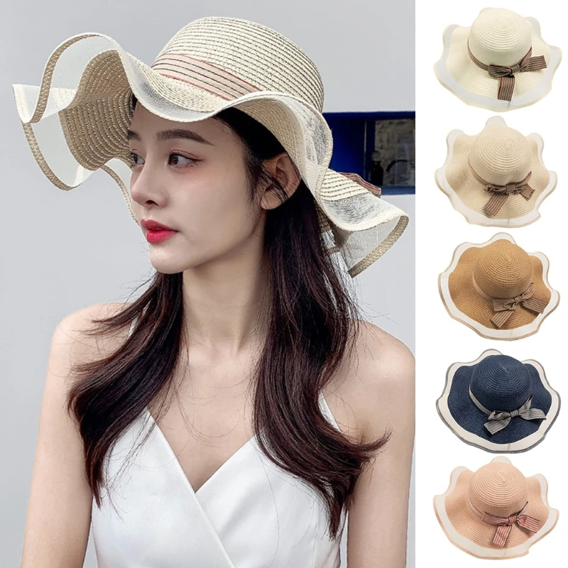 

Women Summer Straw Sun Hat 2021 Female Outdoor Wavy Mesh Large Wide Brim Sun Protection Cap Lady Casual Travel Beach Hat