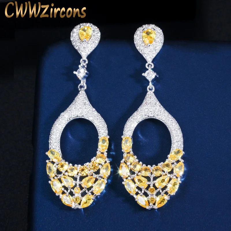 CWWZircons великолепные большие длинные капли желтый CZ камень серьги для невесты для женщин вечерние ювелирные изделия аксессуары CZ597