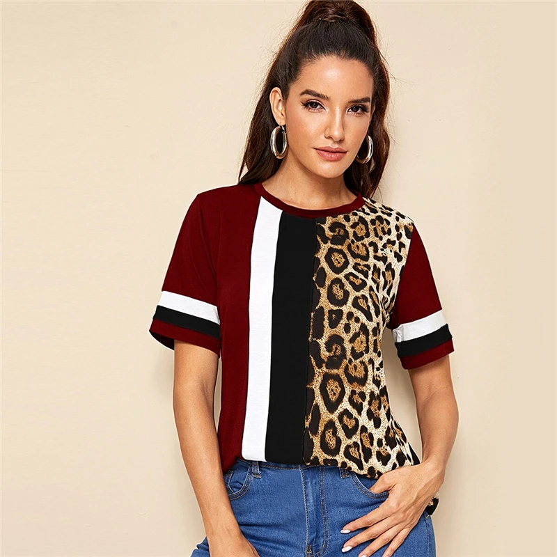 SHEIN Color Block Cut-and-Sew Leopard Panel Top Short Sleeve O-Neck Casual T Shirt Women Summer Leisure Ladies Tshirt Tops