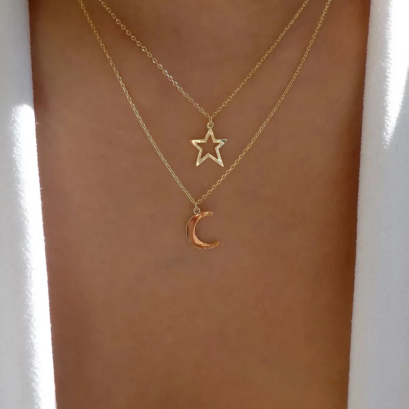 

Charm Moon Star Double Layer Pendant Necklace For Women Girl Multi-layer Long Chain Pendant Necklace Choker Party Jewelry Collar