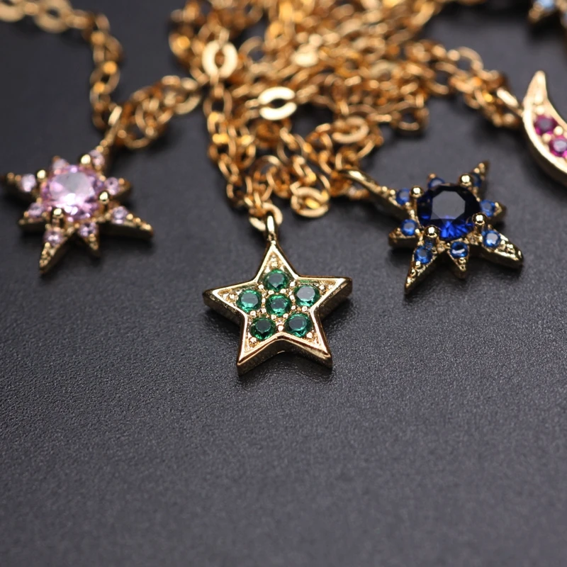 

Colorful small moon and stars Pendant Necklaces For Women Full pave Colorful Cubic Zirconia Gold Color Chain Statement Jewelry