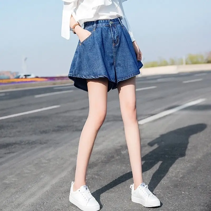 

High waist large size jeans shorts women's loose and thin A-line skirt pants women's summer Korean student BF style wide leg