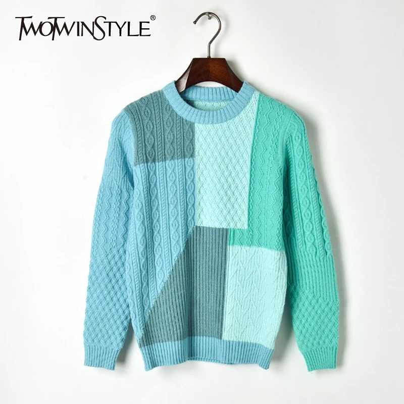 TWOTWINSTYLE вязаный лоскутный женский свитер хитового цвета с круглым вырезом и