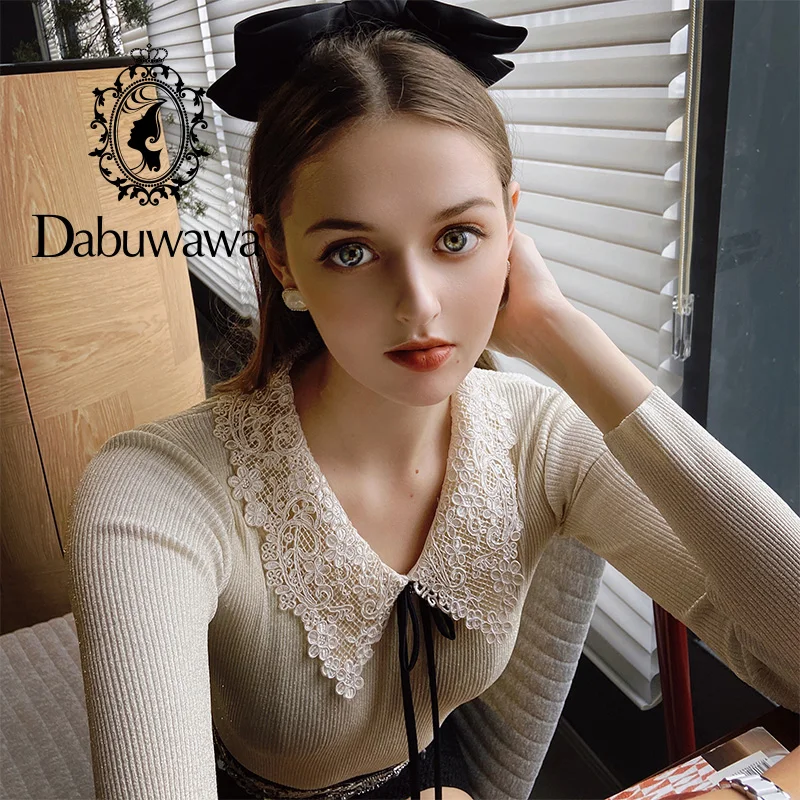 

Dabuwawa Elegant Long Sleeves Shirt Autumn Spring Causal Lace Shirts Fashion Solid Bow Turn-down Neck Women Tops DO1CJS003