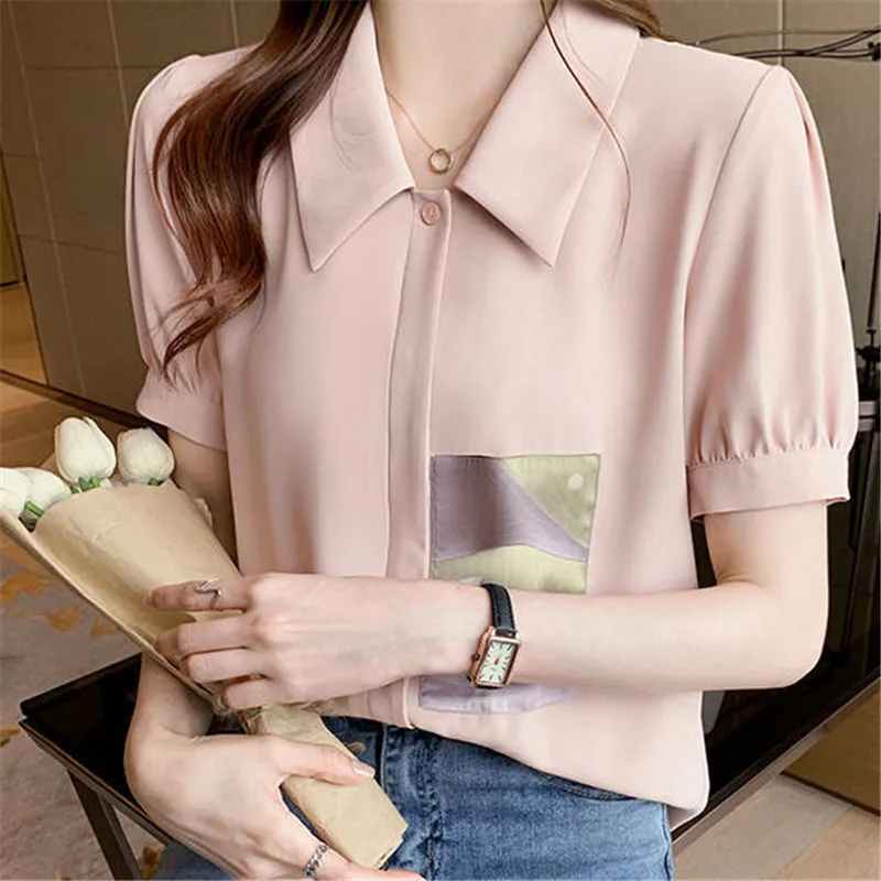 Женские летние рубашки блузки короткие элегантные в стиле ретро с пышными