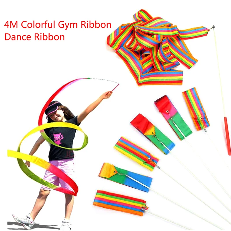 

4M Colorful Gym Ribbons Dance Ribbon Rhythmic Art Gymnastic Ballet Streamer Twirling Rod Stick For Gym Training Outdoor Sport