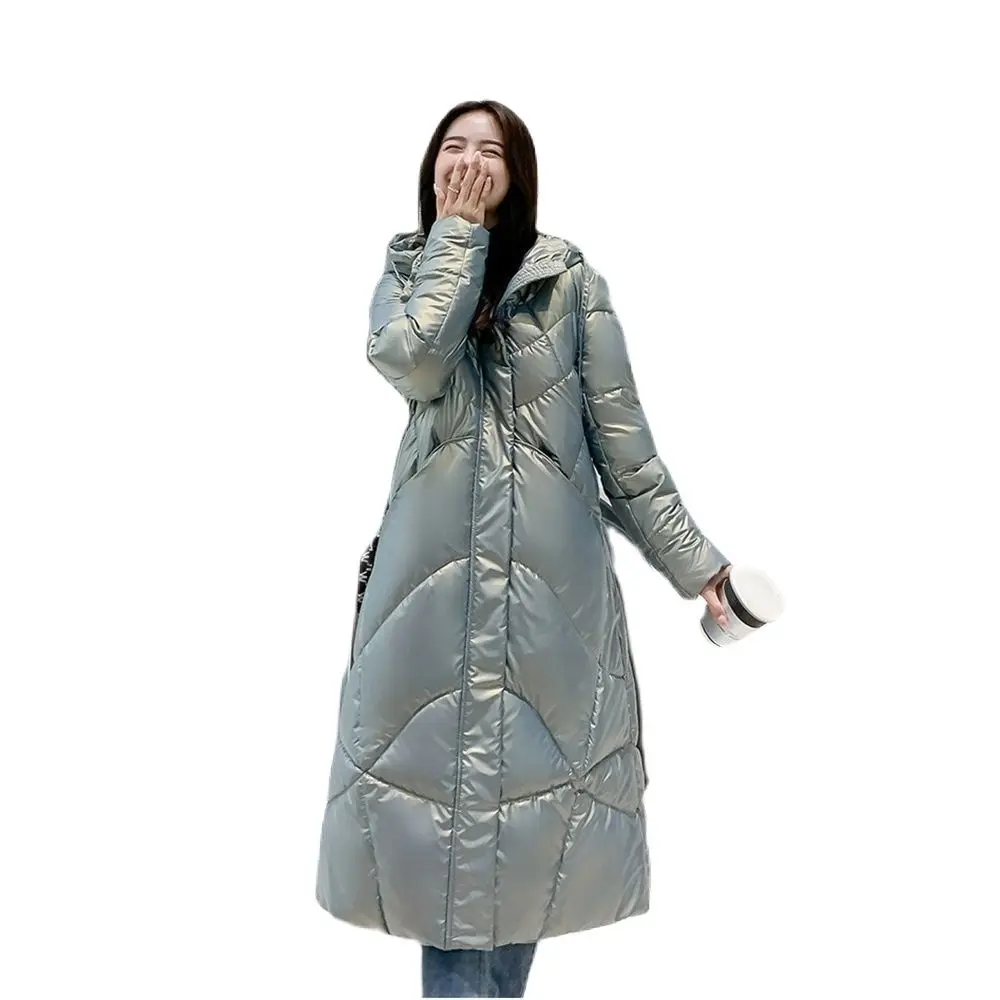 

Женская зимняя куртка с капюшоном и большим карманом, ветрозащитная длинная блестящая куртка-пуховик с хлопковой подкладкой, теплая верхня...