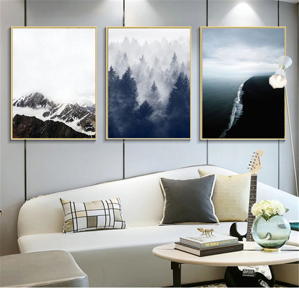 Скандинавский лес горы шираюки море Картина на холсте натуральный плакат