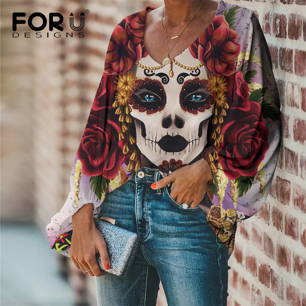 

FORUDESIGNS Plus Size T Shirts Office Women Long Lantern Seeve Breath Tops Gothic Girl Printing Female Comfort T-shirt Ladies