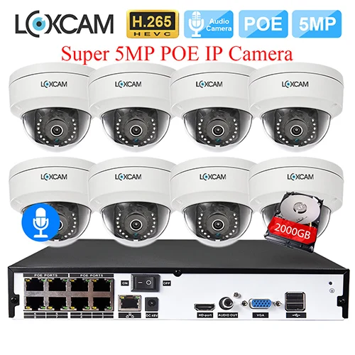 8CH NVR x 8 Cameras LOXCAM H.265+ 8CH POE Система до 16ch 5MP NVR комплект 5MP аудио Антивандальная купольная POE ip-камера 5MP День Ночь Камера безопасности комплект - Цвет: 8CH NVR x 8 Cameras