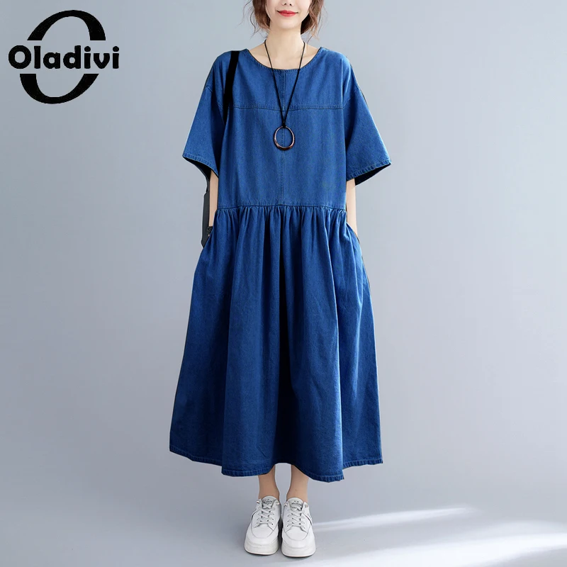 

Oladivi Oversized Women Casual Loose Dnim Dress 2022 New Summer Jeans Dresses with Pockets Fashion Ladies Vestidio Robe 5058 3XL