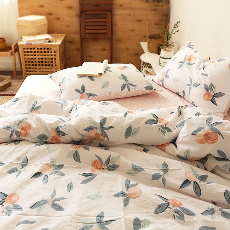 

100% cotton bedding set peach four-piece garden duvet cover American extra large pillowcase customized bed linen