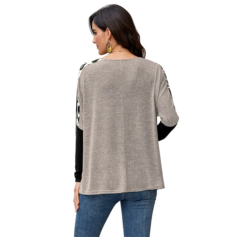 

Cow Stripes Print O-Neck 2020 Autumn Patchwork T Shirts Women Tops Casual Loose Pockets Clothing Vetement Femme Bottoming Tees