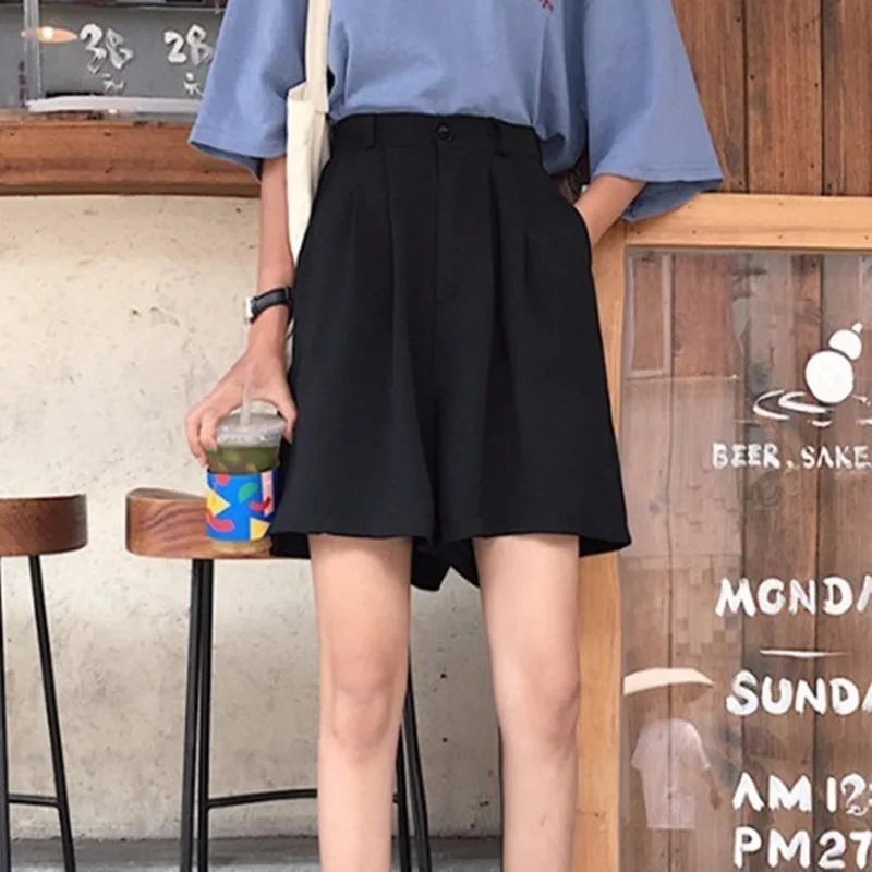 

pantalones cortos de muje woman shorts black high waist wide leg loose casual korean style short femme women spodenki damskie