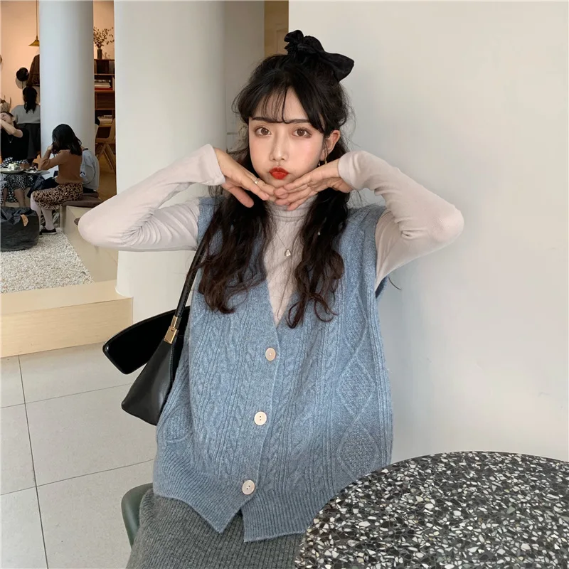 

Vintage Sleeveless V-neck Knitted Vest Sweater Women Solid Pullovers Ladies Casual Tank Tops Winter Fmale Waistcoat Chic Tops