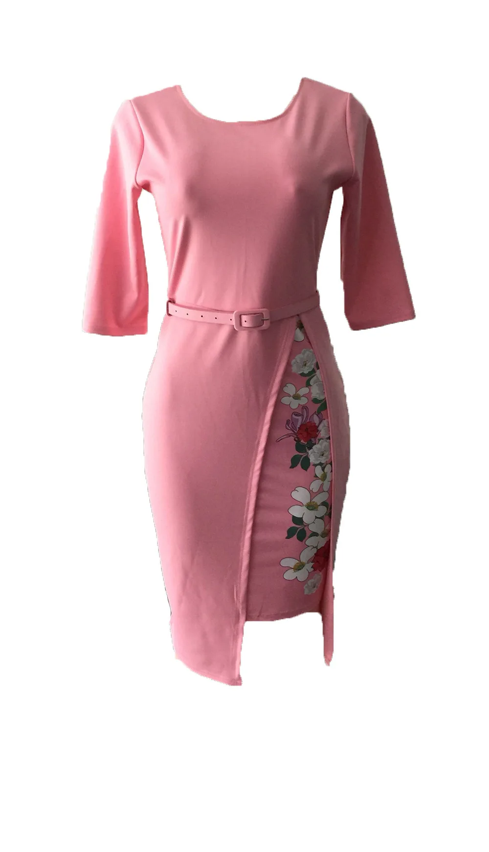 Офисное женское платье карандаш три четверти до середины икры с поясом без