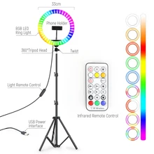 33cm RGB Colorful Dimmable LED Ring Light With Tripod Phone Clip Holder Photography Lighting Ringlight For Youtube Photo Studio