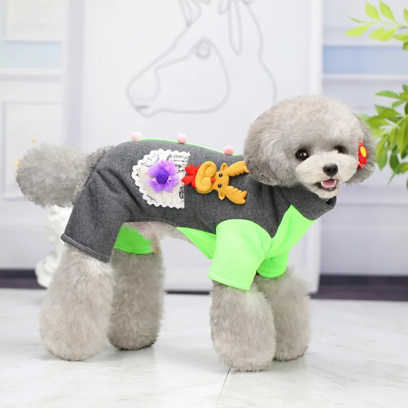 

Xmas Dog Jumpsuit Warm Cotton Pet Pajamas Coat With Bowtie and Deer Soft For Small Medium Yorkshire Dogs Cats Holiday Apparel