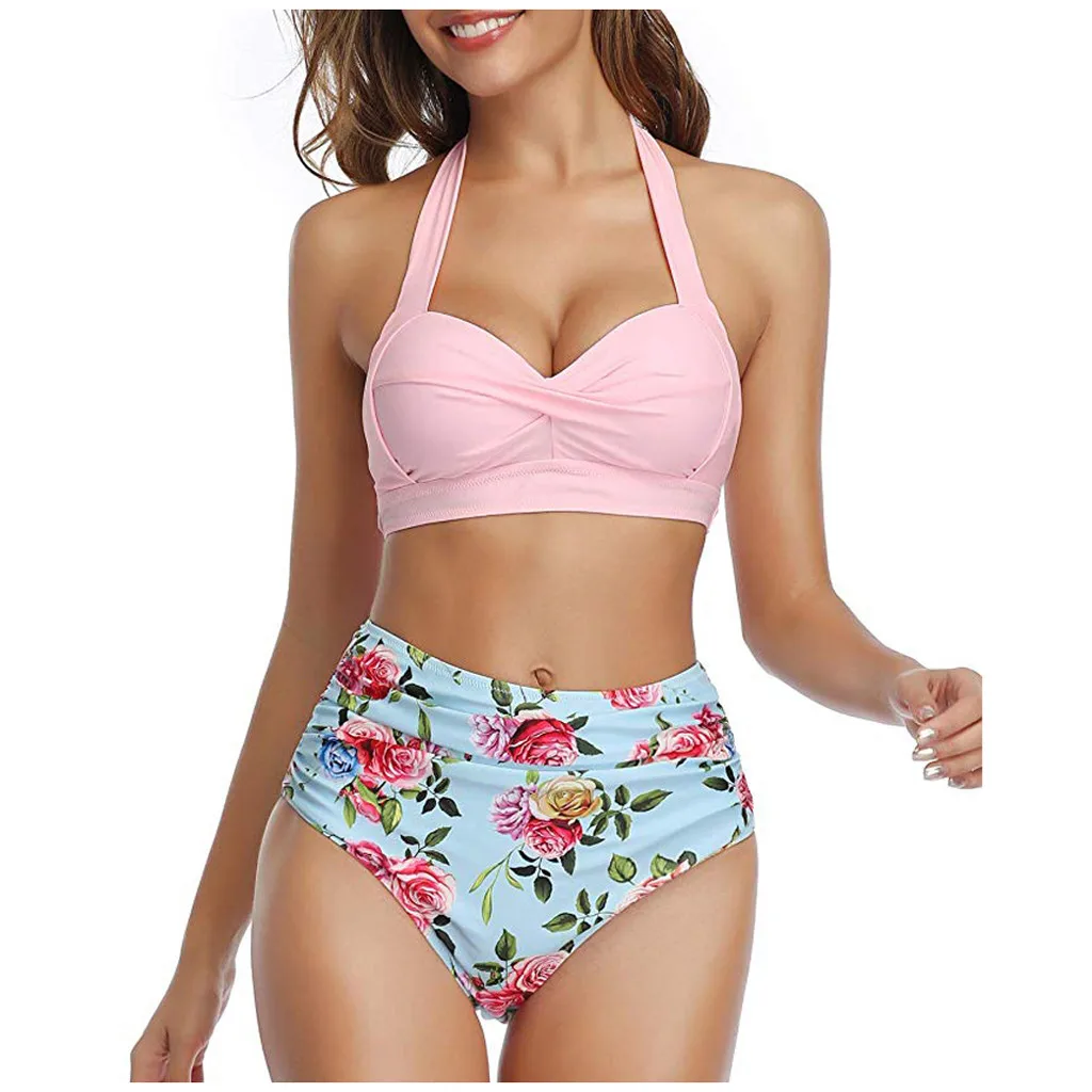 

2021 Women Vintage Swimsuit Two Piece Retro Halter Ruched High Waist Print Bikini Set Swimsuit Vintage Retro Bathing Suit Halter