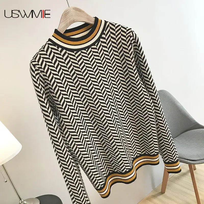 Пуловер вязаный Осень-зима 2020 теплый с длинными рукавами узором гусиные лапки