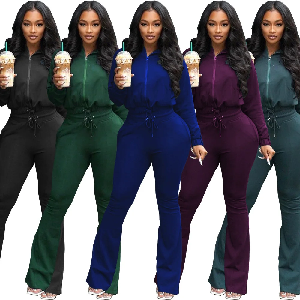 

Sporty Two Piece Set Tracksuit for Women Autumn Casual Zipper Front Long Sleeve Sweatshirt+bodycon Flare Trouser Active Outfits